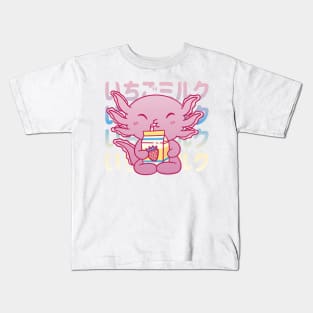 Cute Axolotl Drinking Strawberry Milk Kids T-Shirt